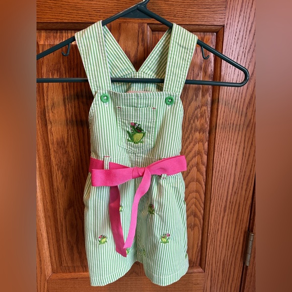 Toffee Apple Overall Dress Frog Embroidered Green White Stripe Size 2T Pink - Picture 1 of 6